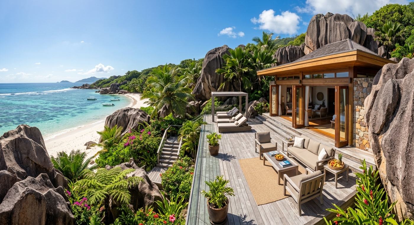 Private beach villa surrounded by granite boulders, Seychelles